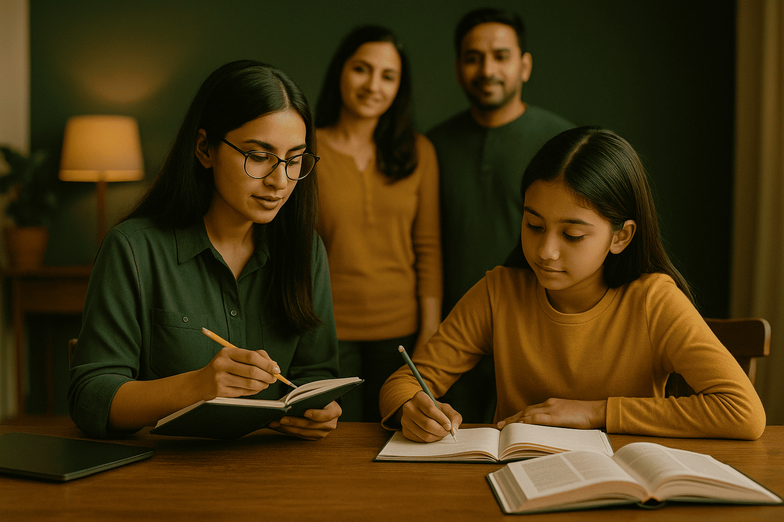 A tutor teaching a student at home while parents supervise
